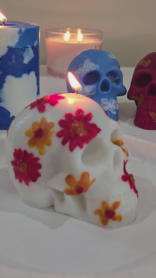 Red and Orange Flower Skull Candle